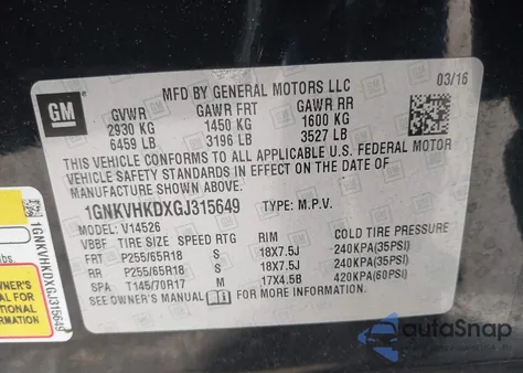 2016 Chevrolet Traverse 2Lt z USA, uszkodzony, nr VIN 1GNKVHKDXGJ315649